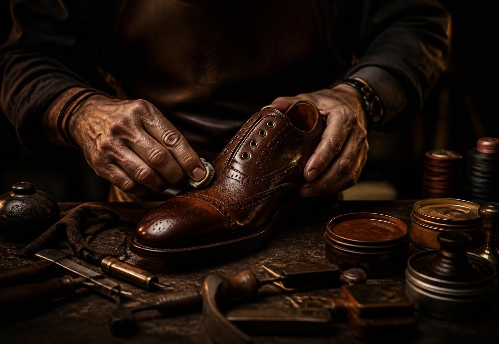 Artisan restoring a leather dress shoe by hand